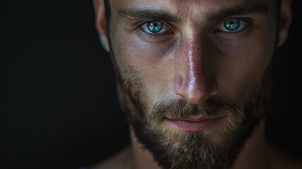 Fototapeta premium Close-up portrait of a man with deep blue eyes and a neatly trimmed beard, emphasizing his striking features and contemplative expression.