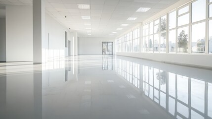 Clean and modern room with a glossy epoxy resin floor, well-lit and empty, perfect for use as an office or studio space after renovation.