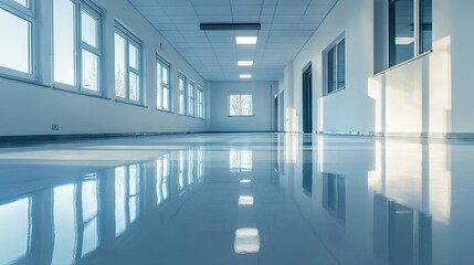 Clean and modern room with a glossy epoxy resin floor, well-lit and empty, perfect for use as an office or studio space after renovation.