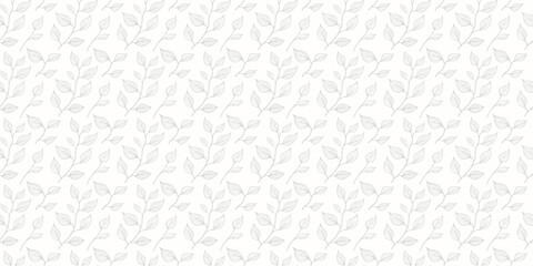 Subtle vector seamless botanical pattern. Abstract gray and white ornament texture with small leaves, foliage, linear floral silhouettes, branches. Simple minimal leaf background. Repeatable design