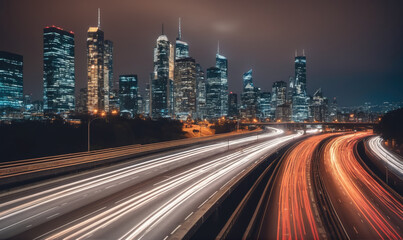 Fototapeta premium A highway illuminated by speeding cars cuts through a city skyline at night