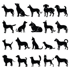 A versatile collection of dog silhouettes in vector format. Ideal for logos, prints, and design projects that feature various canine breeds in minimalist and elegant black and white outlines.