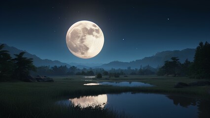 Fototapeta premium A glowing moon rises over a serene, peaceful landscape, casting soft light on a tranquil lake and trees. The sharp 4K resolution enhances the calm atmosphere