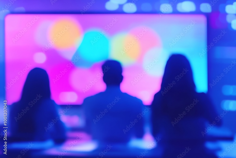 Poster three individuals observing a colorful digital display in a modern office setting during an evening 