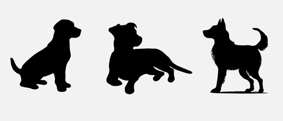 Dog silhouette collection vector. Dog in various poses and activities like jumping, sitting, running, playing, and standing. Silhouette black puppies, pet dog vector