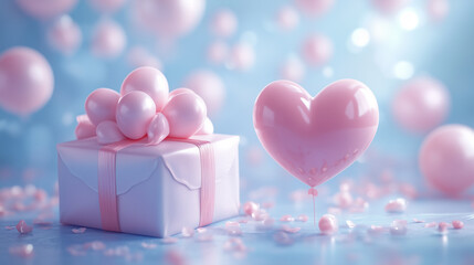 Fototapeta premium A beautifully wrapped gift box adorned with pink balloons and heart shaped balloon, creating festive and joyful atmosphere. Perfect for celebrations and special occasions.