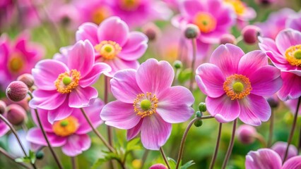 Close-up of pink Anemone japonica flowers in a lush garden blooming beautifully in spring