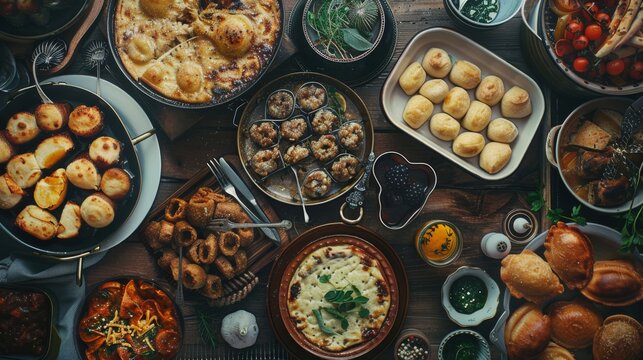 A lavish spread of various gourmet dishes is artistically arranged on a wooden table, ready for a hearty feast.