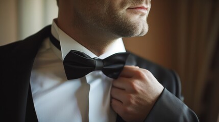 A man adjusts his bow tie in a refined suit, capturing a moment of preparation and sophistication before a formal event.