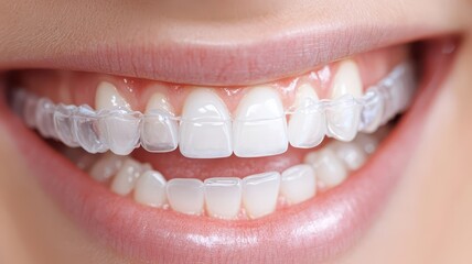 Fototapeta premium Close-up of smiling woman wearing clear dental braces.