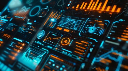 A complex digital dashboard displaying various data visualizations and analytics, glowing with vibrant colors.