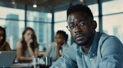 Obraz premium A thoughtful man, seated in a bright office, gazes attentively at a colleague, portraying focus and engagement in an important meeting.