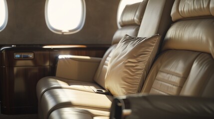 The plush seating of a luxury jet, featuring soft leather and pillows, exudes an air of comfort and exclusivity, ideal for high-end travelers.