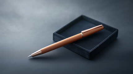 sleek brown pen rests elegantly on dark surface, accompanied by stylish box. This image captures essence of sophistication and luxury in writing instruments.