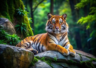 Obraz premium Majestic orange and black tiger lying on rocky outcropping amidst lush green forest, gazing intensely into camera,