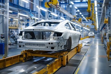 Modern car factory with a car body moving on a production line