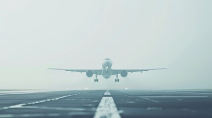 An airplane takes off from a foggy runway, its silhouette barely visible through the mist, creating a scene of quiet anticipation and journey into the unknown.