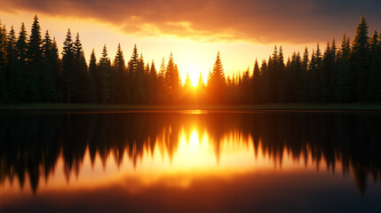 Obraz premium Vast forest reflected in a still lake under a soft, glowing sunset sky, beautiful sky sunset vast, peaceful retreat