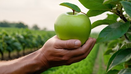 A farmer hand gently holding a fresh green apple in a natural, rural setting, symbolizing harvest and the connection between nature and farming life, in 4k resolution