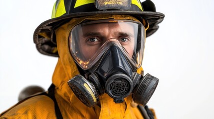 Naklejka premium The firefighter dons a mask and helmet, ready to face hazardous conditions ahead