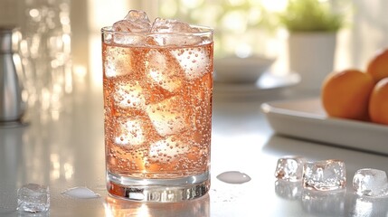 A sparkling beverage sits surrounded by bright kitchen elements