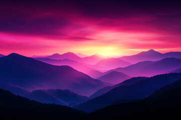 Obraz premium Mountain range under a vast, glowing sunset, sky painted with pastel colors, beautiful sky sunset vast, majestic landscapes