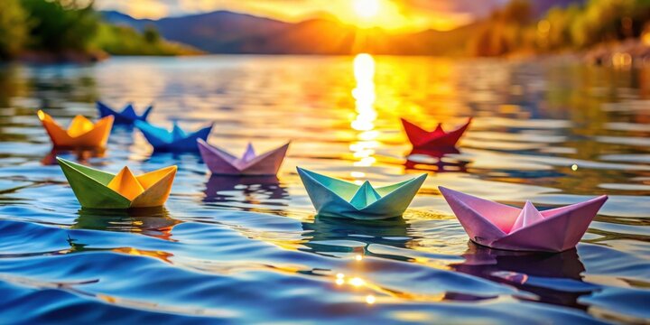 Simple school notebook paper boats floating in water with vibrant colors and sunlight reflections