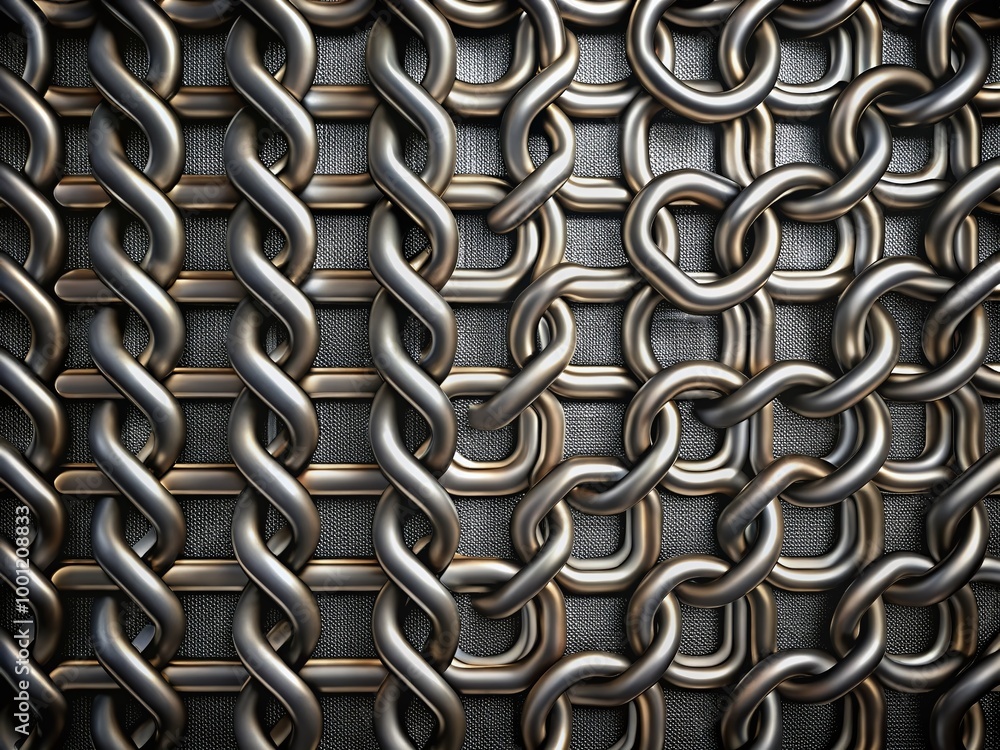 Poster metallic links form a intricate pattern on a dark gray background, creating a textured, industrial-i