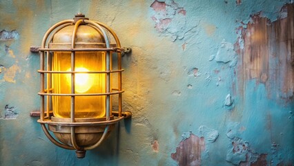 Vintage Yellow Bulkhead Light Ship Deck Lamp in Rustic Metal Frame on Pastel Wall