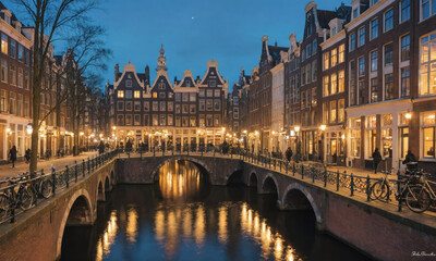 Fototapeta premium A bridge over a canal in Amsterdam at dusk, with buildings lining the sides and streetlights reflecting in the water