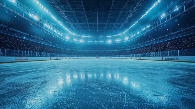 Empty ice hockey arena under bright stadium lights