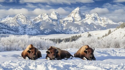 Bison Group Resting in Snowy Mountain Landscape