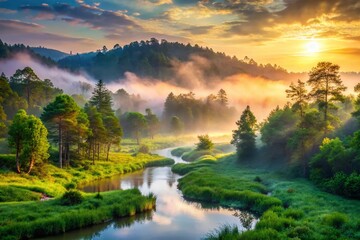 Fototapeta premium Misty dawn breaks over a serene forest landscape with towering trees, lush greenery, and a meandering stream, evoking