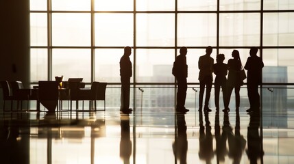 Silhouetted figures in conversation against a grand, sunlit window, their reflections creating symmetry on the polished floor, hinting at a professional meeting.