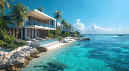 Fototapeta premium A luxurious island, private beachfront villas with large windows. pristine white sandy beaches, crystal-clear turquoise waters, infinity pools, and lush green gardens. Palm trees line the walkways.