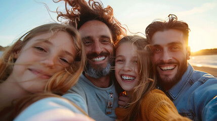 Obraz premium A happy group of friends take a selfie at the beach.
