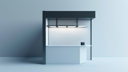 A minimalist kiosk with sleek black and white design stands in an empty, light-filled room, ready for use.