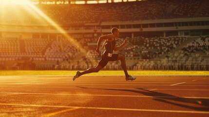 A track athlete running at full speed in an empty stadium under a radiant golden sunrise, embodying strength and determination.