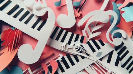 An artistic composition of colorful paper cutouts of musical notes and piano keys, celebrating music and creativity.