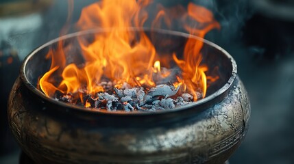 Flames Dancing in an Ancient Fire Pot