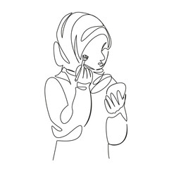 One continuous single drawing line art flat doodle person, make-up, beauty, female, woman, lifestyle, islam, fashion, horizontal. Isolated image hand draw contour on a white background
