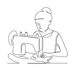 One continuous single drawing line art flat doodle woman, sewing, tailor, person, female, fashion, sewing machine, craft, adult, working. Isolated image hand draw contour on a white background