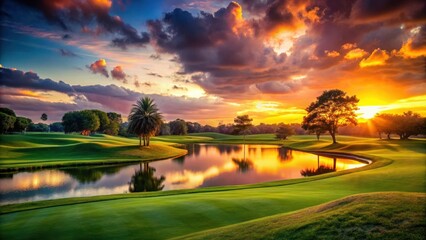 Peaceful evening setting on a lush golf course with a mesmerizing sunset scene