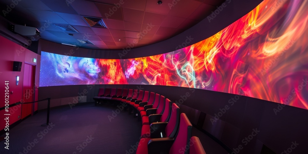 Poster a vivid digital display illuminates a modern auditorium with curved seating in a futuristic setting
