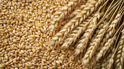 "A top view close-up of wheat grains alongside wheat ears."
