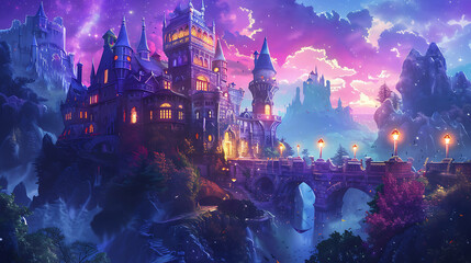 Obraz premium A magical castle perched atop a mountain, bathed in twilight.
