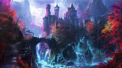 Fantasy castle with waterfalls and a bridge in a lush, magical forest.