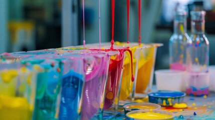 A colorful spectrum of paints drips into clear containers in an artistic and visually engaging scene in a creative workspace.