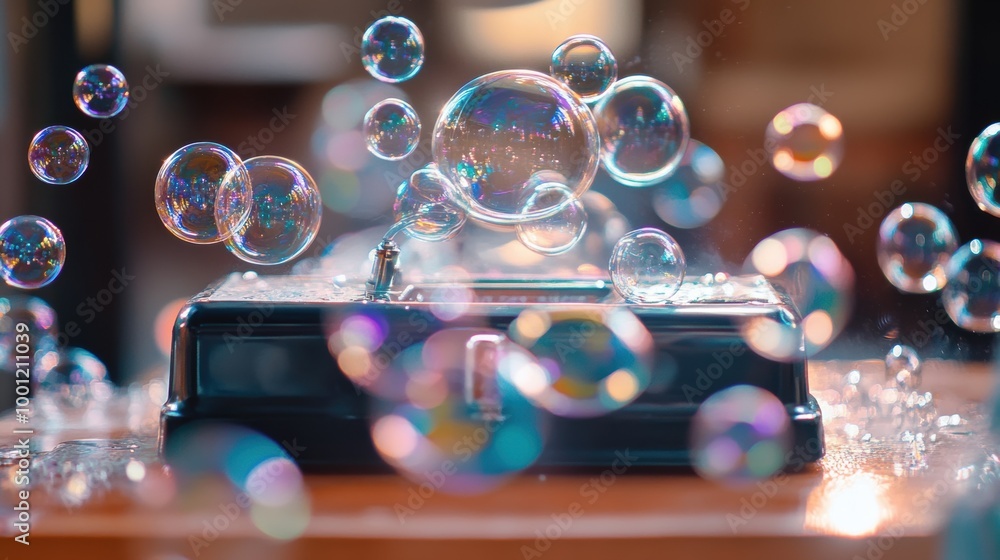 Poster Bubbles Floating Above Shiny Surface with Reflection