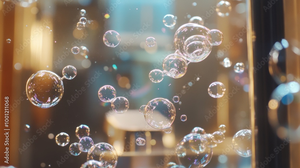 Poster colorful bubbles floating in soft light environment